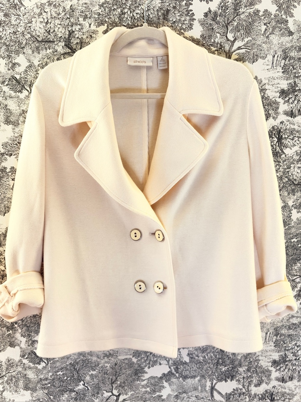 Chico's 100% Cotton Knit Off-White Double-Breasted Blazer Jacket Size L Cream